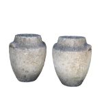 PAIR STONE COMPOSITION GARDEN URNS