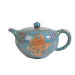 FINE 'DRAGON AND PHOENIX' FAMILLE ROSE TURQUOISE-GROUND GLAZED POTTERY TEAPOT, REPUBLIC PERIOD
