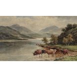 WILLIAM LANGLEY (fl. 1880-1920) Highland cattle watering in an expansive landscape