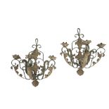 PAIR OF CONTINENTAL POLYCHROME PAINTED WROUGHT IRON THREE LIGHT WALL APPLIQUES