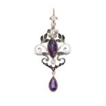 AN EARLY 20TH CENTURY AMETHYST, ENAMEL AND SEED PEARL PENDANT