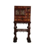 JAPANESE MEIJI STAINED HARDWOOD, PAINTED COMPOSITION AND METAL MOUNTED CABINET ON STAND