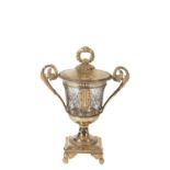 FRENCH SILVER GILT AND GLASS MOUNTED TWIN HANDLED URN