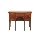 MAHOGANY, SATINWOOD AND MARQUETRY BOWFRONT SIDEBOARD IN GEORGE III SHERATON TASTE