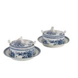 PAIR OF FIRST PERIOD WORCESTER BLUE AND WHITE BUTTER TUBS, COVERS AND STANDS, 18TH CENTURY