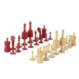 TURNED AND PART STAINED BONE BARLEYCORN PATTERN CHESS SET
