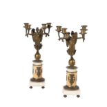 PAIR OF GILT BRONZE AND MARBLE MOUNTED FOUR LIGHT FIGURAL CANDELABRA