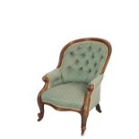 VICTORIAN WALNUT AND BUTTON UPHOLSTERED SPOON BACK ARMCHAIR