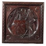 RELIEF CARVED AND STAINED WALNUT ARMORIAL PANEL