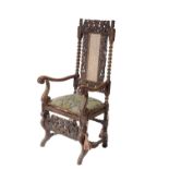 CARVED WALNUT, CANEWORK AND UPHOLSTERED ELBOW CHAIR