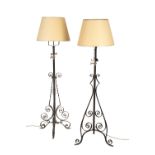 TWO SIMILAR PAINTED WROUGHT IRON AND COPPER AND BRASS MOUNTED ADJUSTABLE STANDARD LAMPS