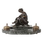 FINE AND SUBSTANTIAL CONTINENTAL PATINATED BRONZE AND ITALIAN SERPENTINE MARBLE DESK STAND