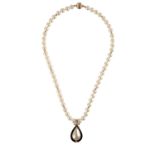 A CULTURED PEARL NECKLACE, WITH A DETACHABLE MABE PEARL, ONYX AND DIAMOND PENDANT