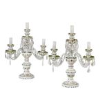 PAIR OF FRENCH GREEN AND WHITE OVERLAID GLASS THREE LIGHT LUSTRE CANDELABRA