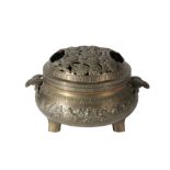 LARGE CHINESE BRONZE 'CRYSANTHEMUM' CENSER AND COVER, LATE QING DYNASTY