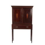 EDWARDIAN MAHOGANY AND MARQUETRY CABINET ON STAND