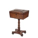 REGENCY BURR WOOD AND EBONY STRUNG WORKBOX, ON STAND