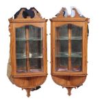 PAIR OF SATINWOOD AND GLAZED HANGING CORNER CABINETS