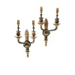 PAIR OF PAINTED AND PARCEL GILT BRONZE TWIN LIGHT WALL APPLIQUES IN REGENCY EMPIRE STYLE,