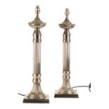 PAIR OF SILVER PLATED COLUMNAR TABLE LAMPS,