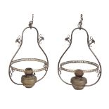 PAIR OF VICTORIAN BRASS HANGING OIL LAMPS