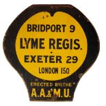 BRIDPORT, LYME REGIS AND EXETER ORIGINAL ENAMEL ROAD SIGN