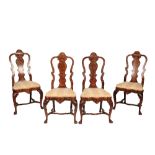 A SET OF FOUR QUEEN ANNE WALNUT AND MARQUETRY SIDE CHAIRS,