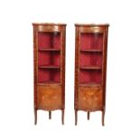 A PAIR OF KINGWOOD VENEERED, MARBLE TOPPED AND GLAZED CORNER VITRINES IN 18TH CENTURY TASTE,