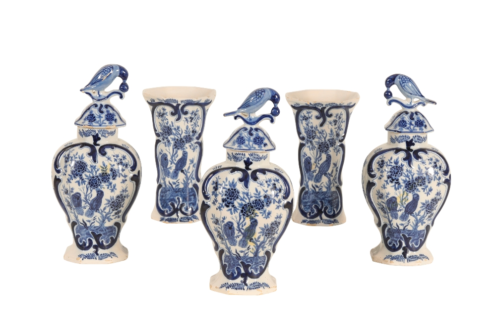 A GARNITURE OF FIVE DUTCH DELFTWARE VASES