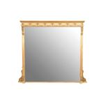 A PAINTED AND PARCEL GILT WOOD AND COMPOSITION FRAMED OVERMANTEL MIRROR,