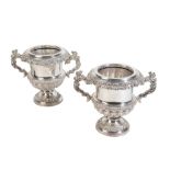 A PAIR OF SILVER PLATED WINE COOLERS,