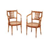 A PAIR OF LATE VICTORIAN /EDWARDIAN PAINTED SATINWOOD ELBOW CHAIRS IN SHERATON STYLE,