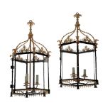 A PAIR OF GILT AND PATINATED METAL HALL LANTERNS IN REGENCY STYLE,
