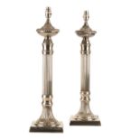 A PAIR OF SILVER PLATED COLUMNAR TABLE LAMPS,