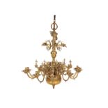 A LARGE BRASS TEN LIGHT CHANDELIER IN DUTCH 18TH CENTURY STYLE,