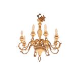 AN ITALIAN PAINTED AND PARCEL GILT WOOD AND METAL EIGHT LIGHT CHANDELIER,