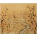 A SILWORK EMBROIDERY PICTURE OF BIRDS AND ANIMALS IN A LANDSCAPE,