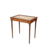 A FRENCH MARQUETRY, GILT METAL MOUNTED AND GLAZED BIJOUTERIE TABLE,