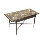 A PIETRA DURA AND EBONISED WOOD LOW TABLE,