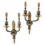 A PAIR OF PAINTED AND PARCEL GILT BRONZE TWIN LIGHT WALL APPLIQUES IN REGENCY EMPIRE STYLE,