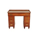 A STAINED HARDWOOD AND GILT TOOLED LEATHER INSET CAMPAIGN DESK,