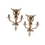A PAIR OF GILT BRONZE THREE LIGHT WALL APPLIQUES IN EMPIRE STYLE,