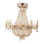 A GILT METAL AND CUT GLASS HUNG TEN BRANCH CHANDELIER,