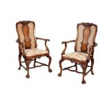 A PAIR OF WALNUT ELBOW CHAIRS IN QUEEN ANNE STYLE,