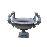 A PAIR OF FINE CAST IRON GARDEN URNS,