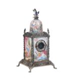 AN ENAMELLED SILVER COLOURED METAL DESK TIMEPIECE, PROBABLY VIENNESE,