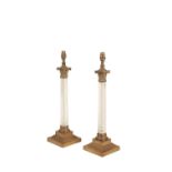 A PAIR OF MOULDED GLASS AND GILT METAL MOUNTED TABLE LAMPS,