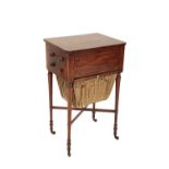 A LATE GEORGE III MAHOGANY AND EBONY STRUNG SEWING TABLE,