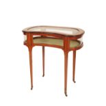 AN EDWARDIAN SATINWOOD, MARQUETRY AND GLAZED BIJOUTERIE TABLE,