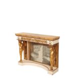 AN ITALIAN MARBLE TOPPED, PAINTED AND PARCEL GILTWOOD CONSOLE TABLE,
